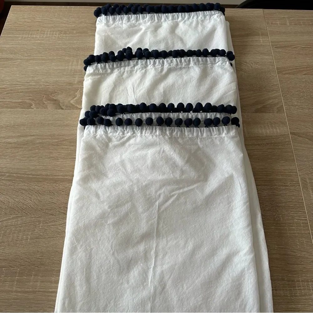 Pottery Barn Teen Sheer Curtains Drapes Navy Blue Pom Poms 44”x84” SET OF 3